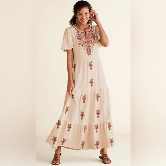 Soft Surroundings | Dresses | Soft Surroundings Bellmore Gauze Maxi Dress  Cream Ivory Terra Cotta Small Nwot | Poshmark